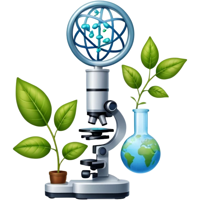 An icon featuring a DNA helix, a microscope, and a plant leaf, symbolizing biology. The design includes animal cells, a test tube, and a globe, representing the study of life forms, ecosystems, and genetics. Transparent background highlights the exploration of living organisms. emoji