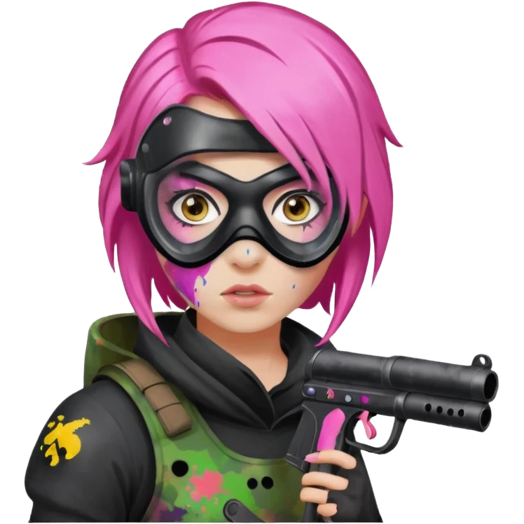paintball player face girl pink hair emoji