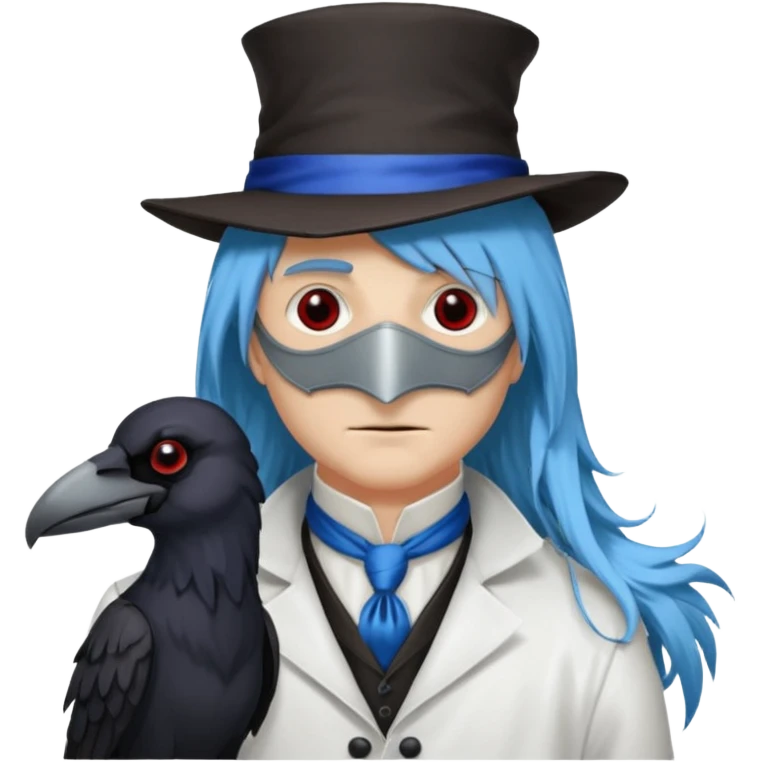 Plague Doctor with light-blue beau tiful hair, handsome sexy, long hair tendril bangs down on the sides, white lab coat, blue cravat, black feathers on shoulder, raven companion, black gloves, red eyes emoji