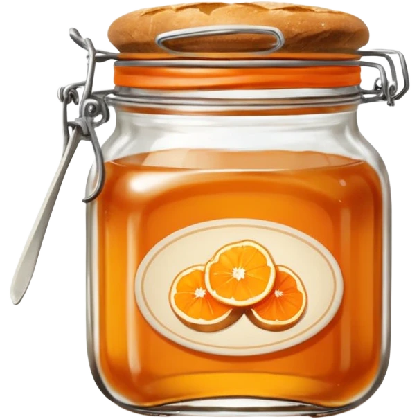 Hermès-style vintage bread with orange jam jar, elegant, glass jar with orange label, classic French breakfast, cute emoji style emoji