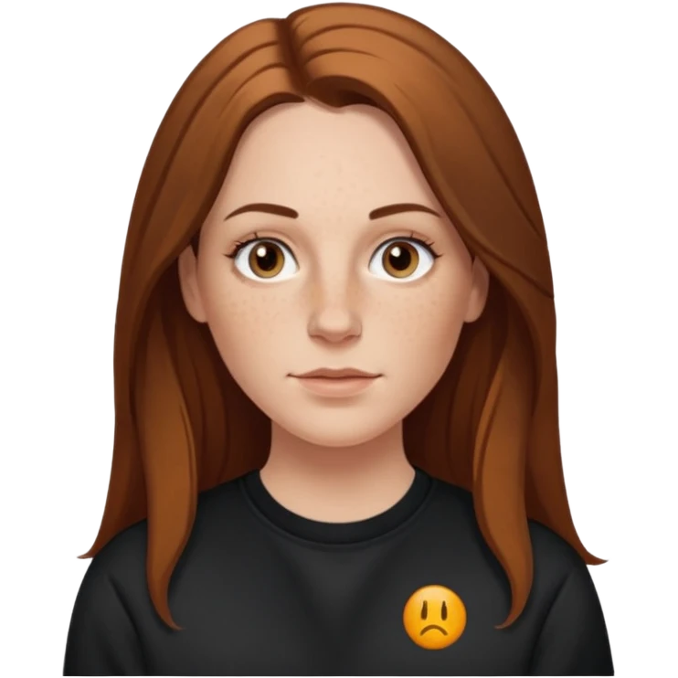 A 38 year old white woman with long brunette hair parted in the middle. She has her nose pierced. Her nose is medium sized. She has brown eyes. She has freckles and is wearing a black sweatshirt emoji
