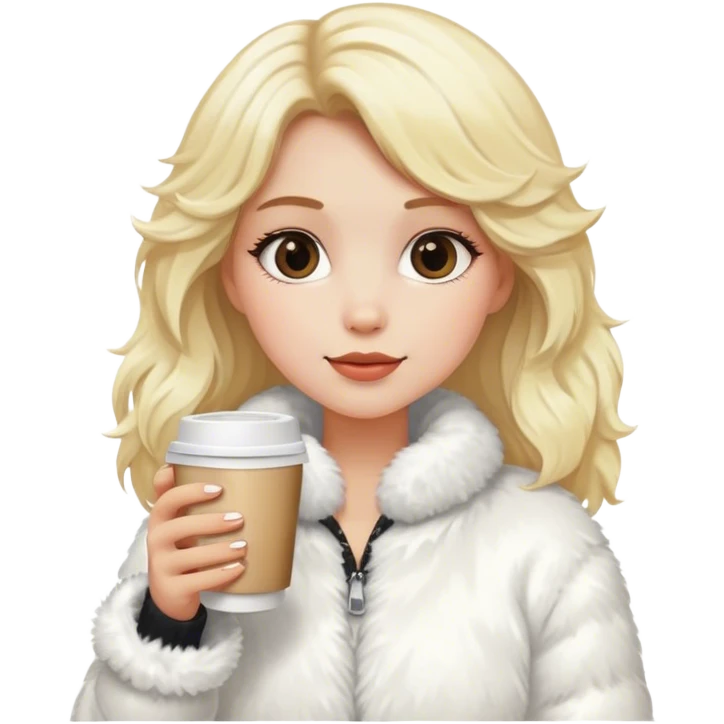 blonde girl wearing white fluffy jacket and a coffee to go in hand emoji