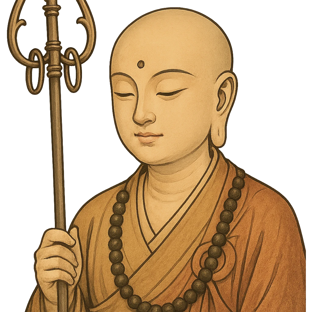 Kṣitigarbha bodhisattva, close-up portrait, gentle eyes, monk's robes, staff visible, spiritual and calm emoji