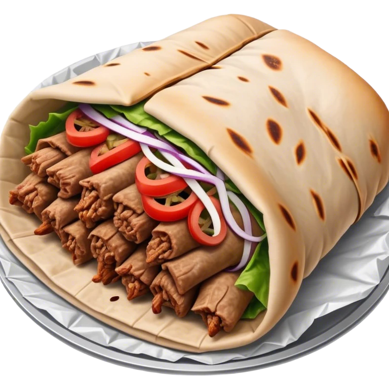 Doner Kebab Cinematic Realistic Doner Kebab Dish Emoji, depicted as iconic, spiced meat wrapped in foil and paper, rendered with lifelike textures and dynamic, appetizing lighting. emoji