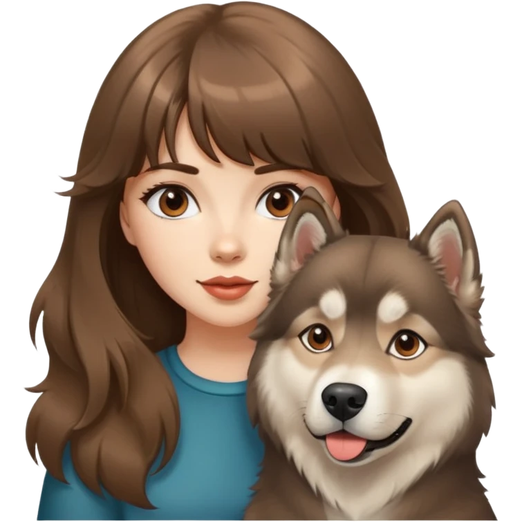 A beautiful Caucasian girl with brown blunt bangs and big wavy hair, and a brown Alaskan Malamute dog. emoji