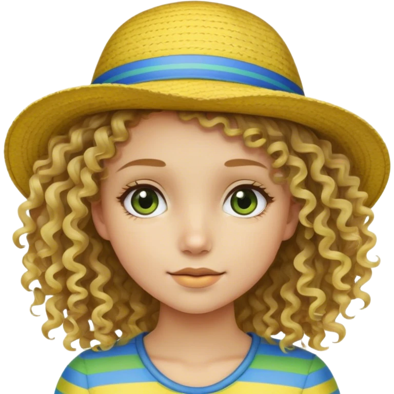 dirty blonde curly hair girl wearing hat with yellow blue and green horizontal stripes emoji
