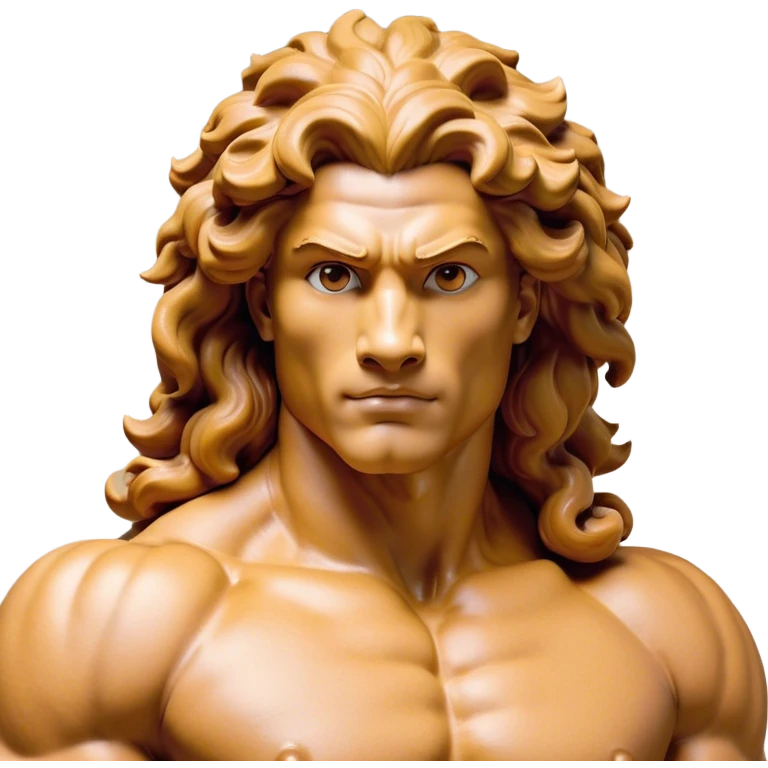 Cinematic Realistic Hercules Portrait, head tilted playfully and inquisitively, showcasing a blend of legendary power and youthful charm with the refined features of Michelangelo's David. His light tan, sculpted skin and thick, curly, golden brown hair—styled with wild majesty—evoke the spirit of the lion-wrestling Hercules. Clad in a softly draped white robe with subtle golden details and adorned with a Greek laurel wreath, his expressive eyes and warm smile capture an approachable yet formidable hero, bathed in gentle natural lighting. emoji