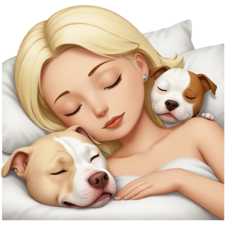 blonde female sleeping with white pitbull with brown face emoji