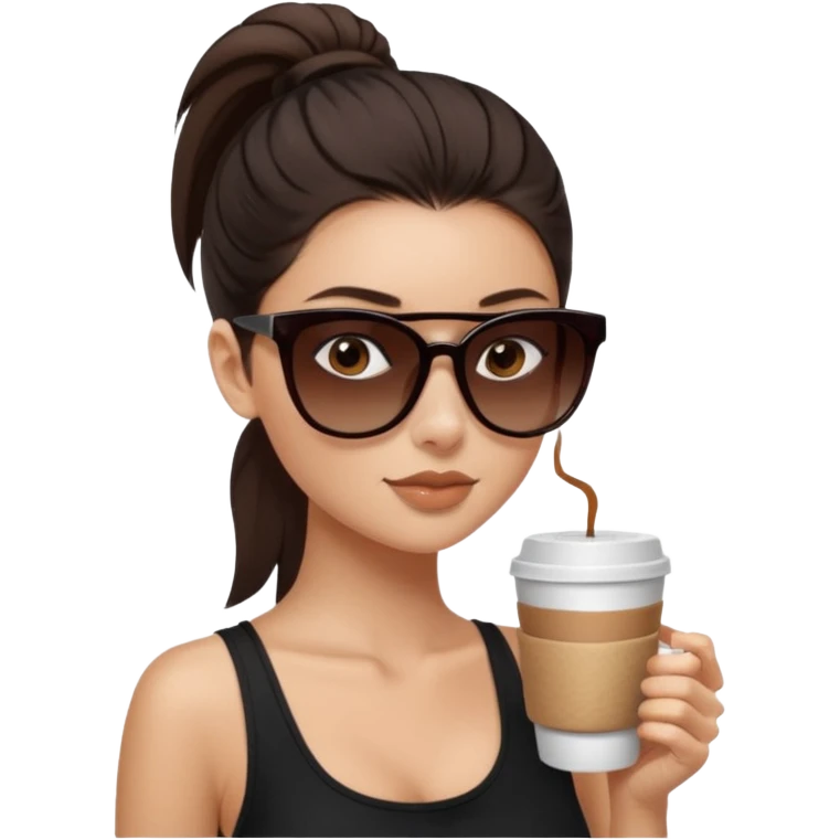 generate a pretty fair bratz girl with dark brown eyes, dark brown eyes tied into a slick back ponytail, thin brown sunglasses. Wearing a black cami top and drinking coffee, high cheekbones emoji