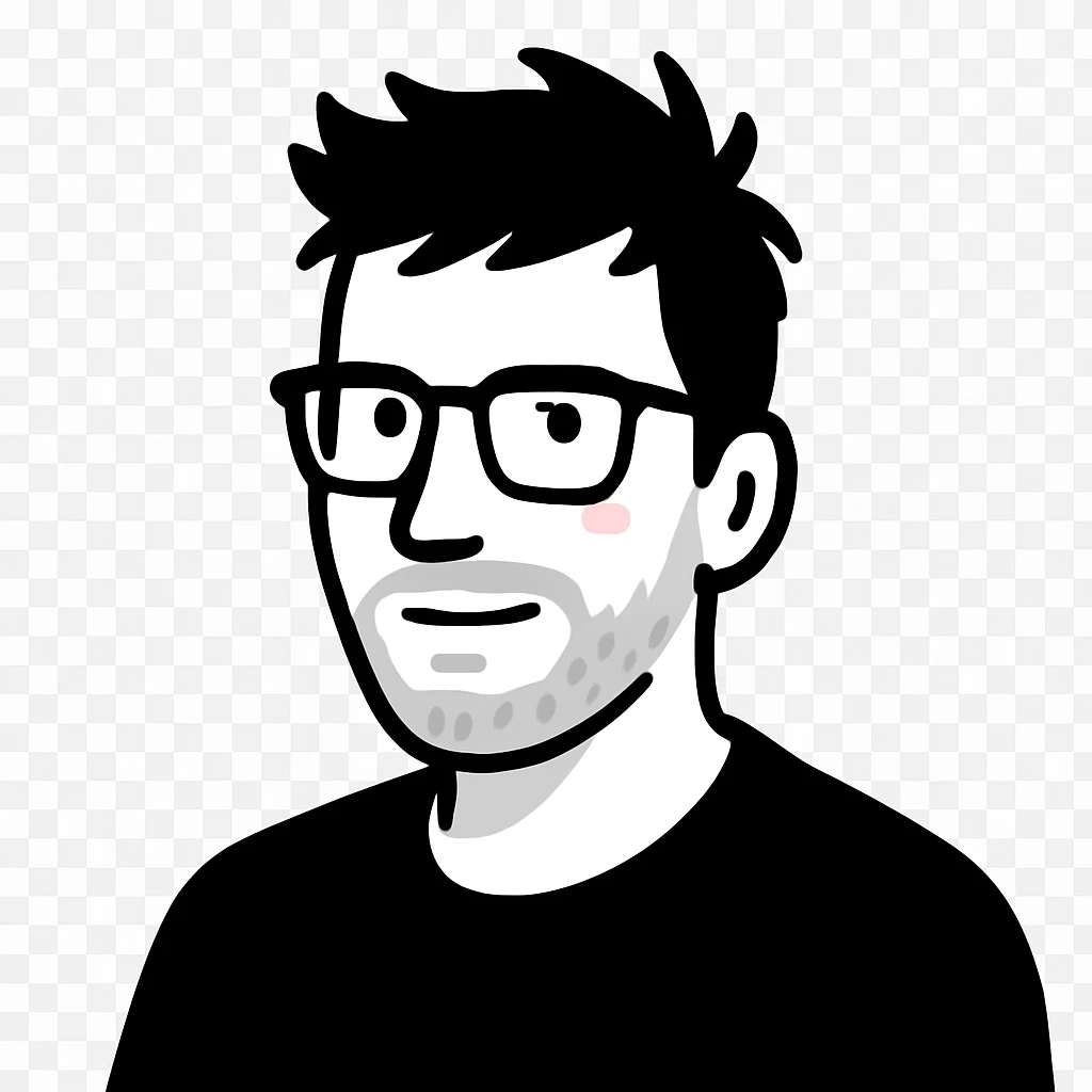 A casual man with stylish glasses, artistically messy hair, and a fine short beard, with a confident expression emoji