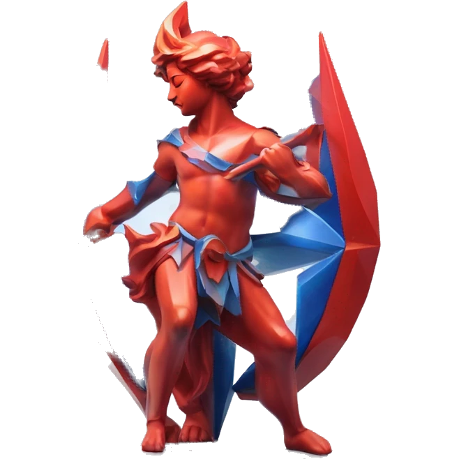 A Sagittarius sculpture with a geometric, faceted design. The Sagittarius is standing upright with angular and baroque features. The vibrant red and blue flame colors highlights the sharp edges and planes. emoji