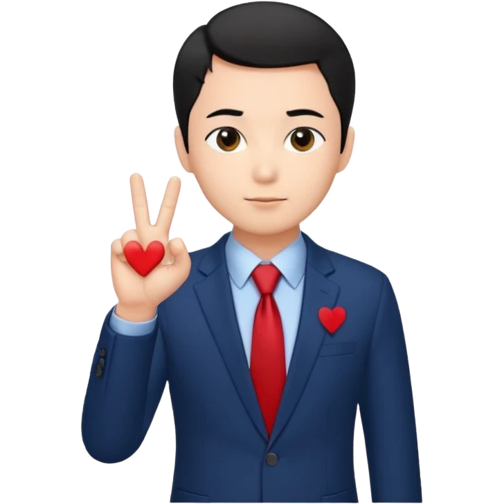 A man in very black short hair with all back hair style, wearing dark blue suit and red tie, making a Korean finger heart like photo emoji