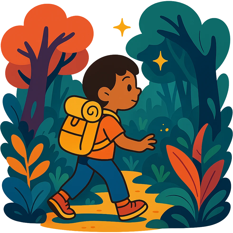 child with backpack exploring an enchanted forest emoji