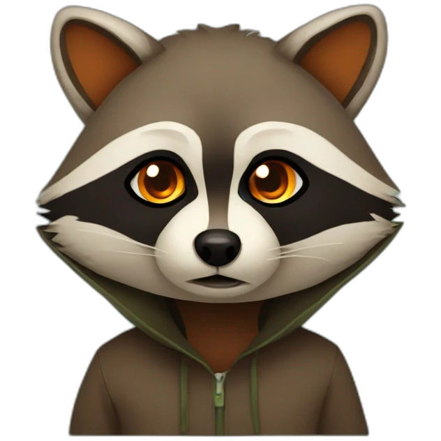brown raccoon with orange eyes and a dark green hood that is sad emoji