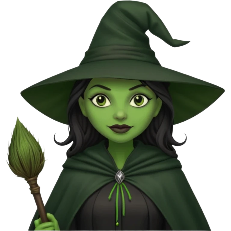 elphaba wicked witch with broom close up, evil dark coily long dark hair, green skin, thick green lips, cheekbones, smirk evil menacing cythia erivo dark aesthetic black hat cloak black broom emoji