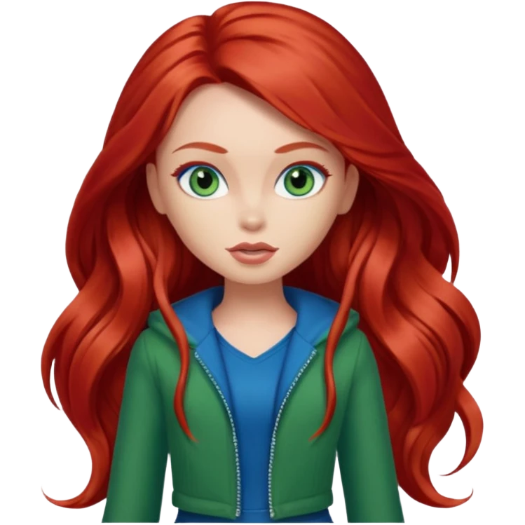 Bratz Meygan red long hair blue eyes, green outfit emoji