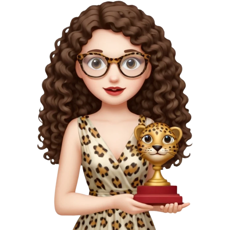 A girl with white pale skin,  full lips, brunette LONG curly hair. She is wearing a white  silk dress. She is holding an award and happy. She has a leopard print round-ish shaped glasses.  emoji