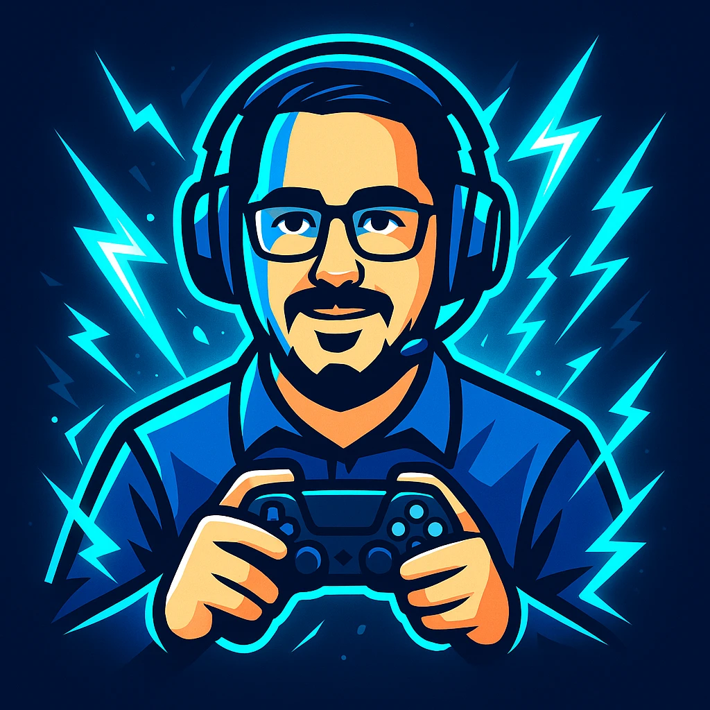 Create a modern, bold gaming logo based on the reference photo. Stylize the person with a cool gaming headset and holding a controller. Add glowing blue and white effects, with dynamic lightning accents. Use blue as the primary color. Make it energetic and suitable for a 'stream starting soon' background. emoji