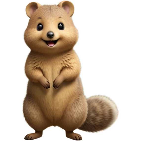 cinematic-quokka-realistic-full-body-standing on its hind legs hunched over-emoji,-small-round-frame-balanced-on-tiny-strong-hind-legs,giant fluffy cheeks large smile-fluffy-brown-fur-radiating-a-warm-softness skinny tail, ,-big-round-eyes-filled-with-joy-and-innocence,-tiny-clawed-paws-held-close-to-chest,-cheerful-smile-exuding-endearing-happiness,-simplified-yet-realistic-focused-features,-highly-detailed,-glowing-with-a-sunny-warmth, expressive eyes  emoji