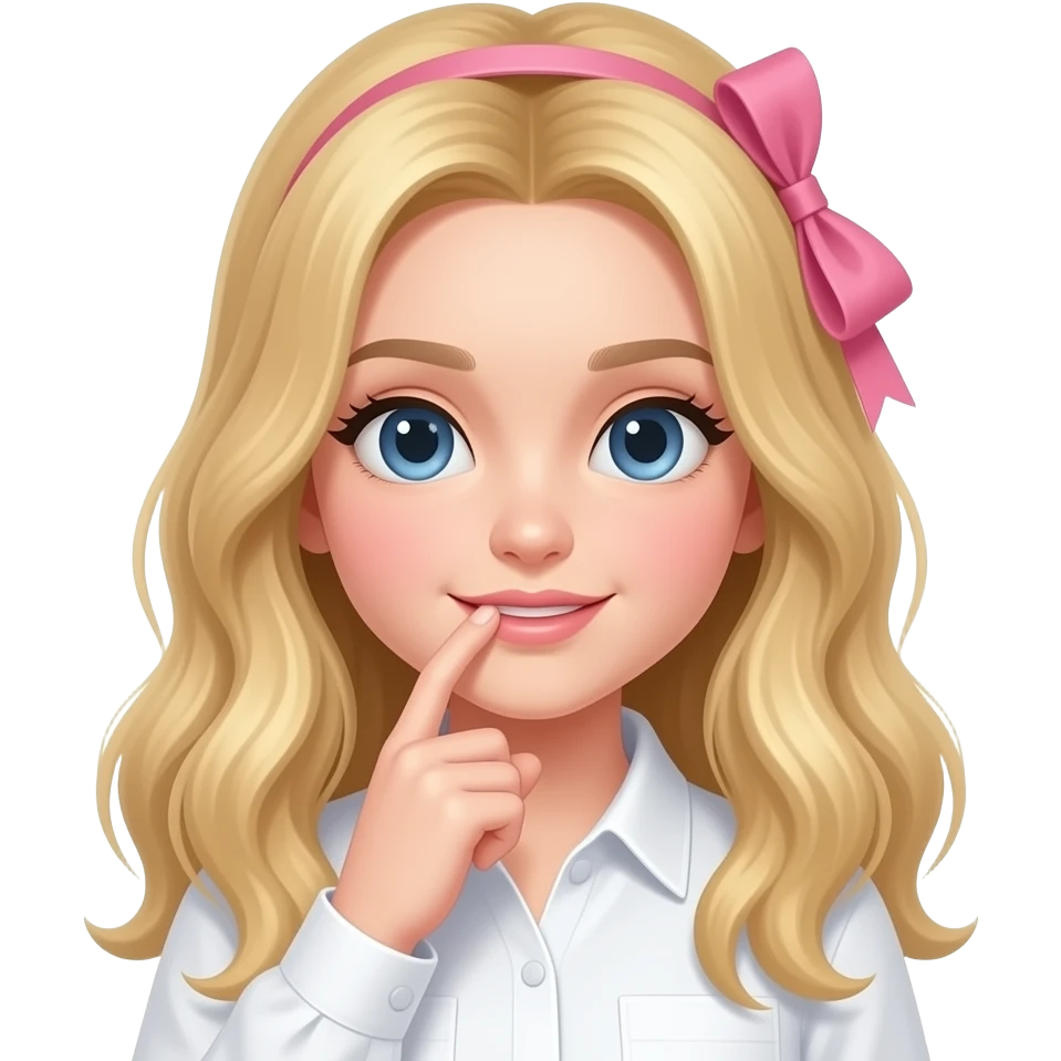 una chica con el pelo rubio y largo la camizeta de color blanco y un laso rosa el el pelo y que se muerda el dedo como katteyes si pero sin las orejas quitale las orejas ya hay esta bien ahora ponle la camizeta de color blanco emoji