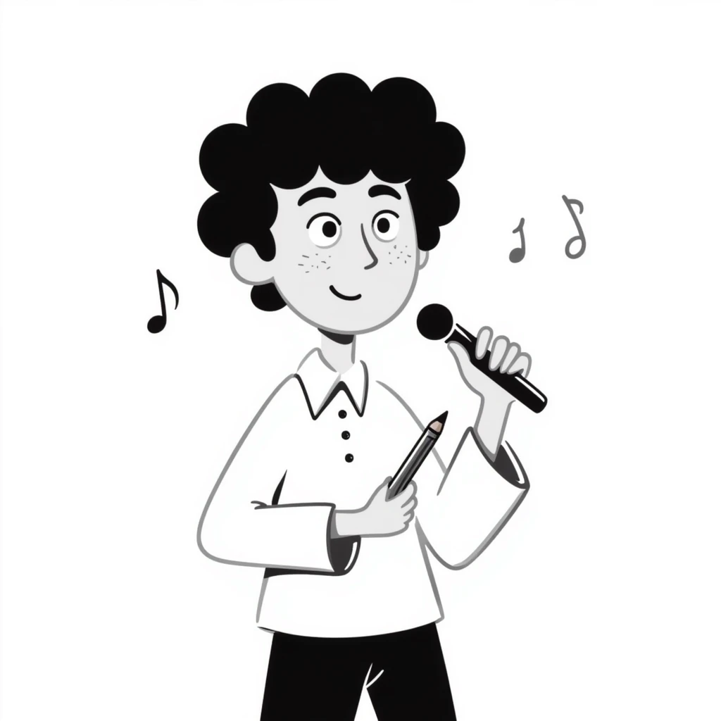 excited happy musician smiling, holding a microphone in one hand and a pencil in the other hand emoji