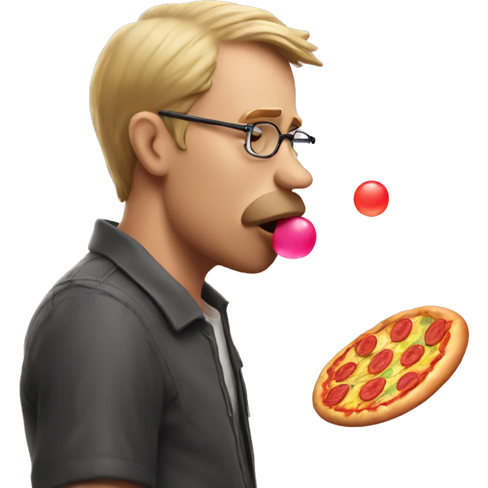 White man blowing a pizza flavoured bubble gum emoji