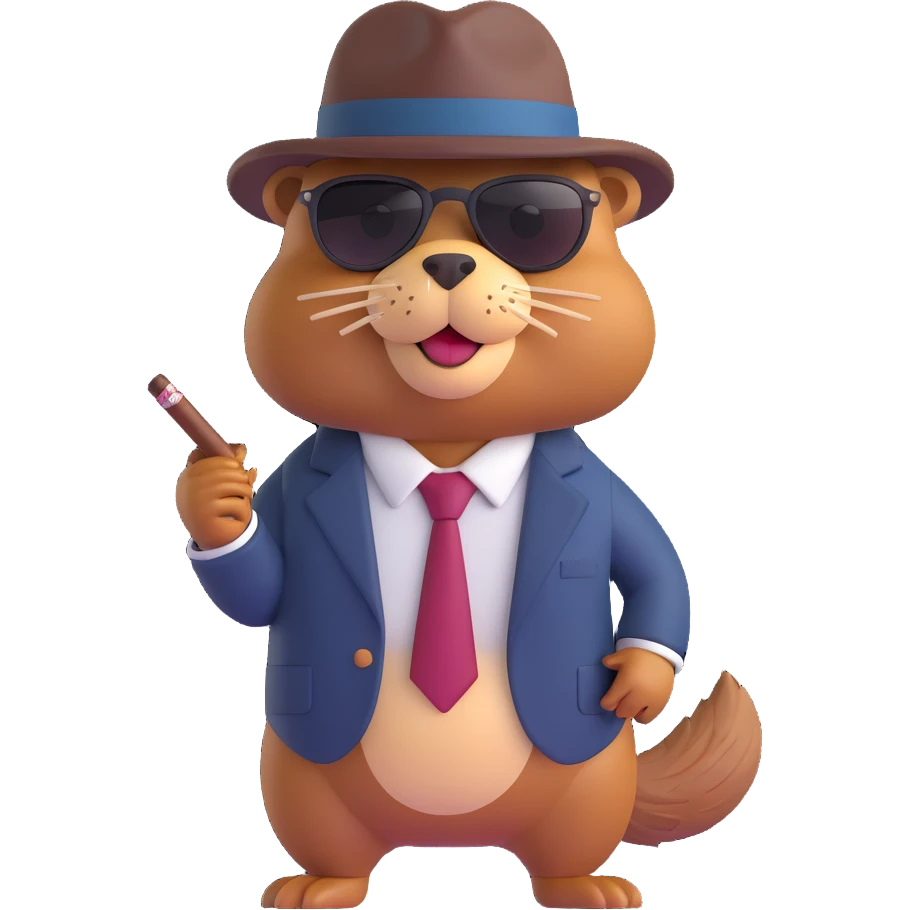 Change the beaver's suit and hat to dark brown while keeping the 3D emoji gangster style with sunglasses and cigar. emoji