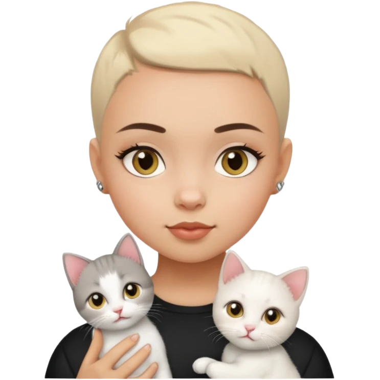 HAZEL EYES , BLACK BUZZ CUT LIGHT SKIN ROUND FACE GIRL with white kitten emoji