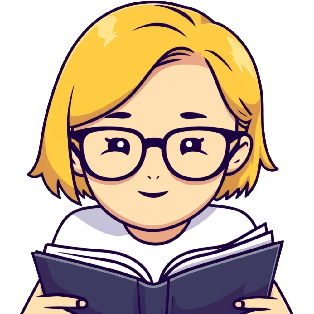 blonde girl with glasses looking down reading a book emoji