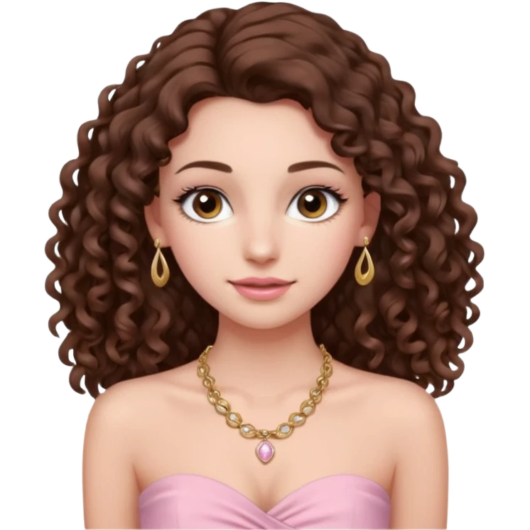 crée moi une jeune fille très belle avec les cheveux bouclés long brune avec un top  sans manche ni brettelles juste un 'bandeau' de couleur rose clair avec un peu de maquillage et des beauxcils un collier en or emoji