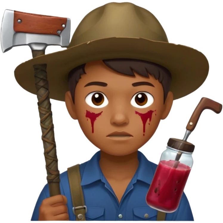 13 y/o Brian robeson at the beginning of Hatchet
determined, has hatchet, self-reliant, observant survivalist, berry juice on mouth, bug bites on face emoji