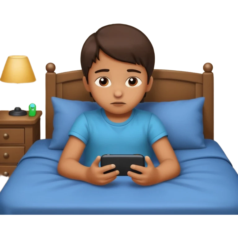 un niño de entre 3 - 10 años jugando con su celular, cansado en una habitacion apagada emoji