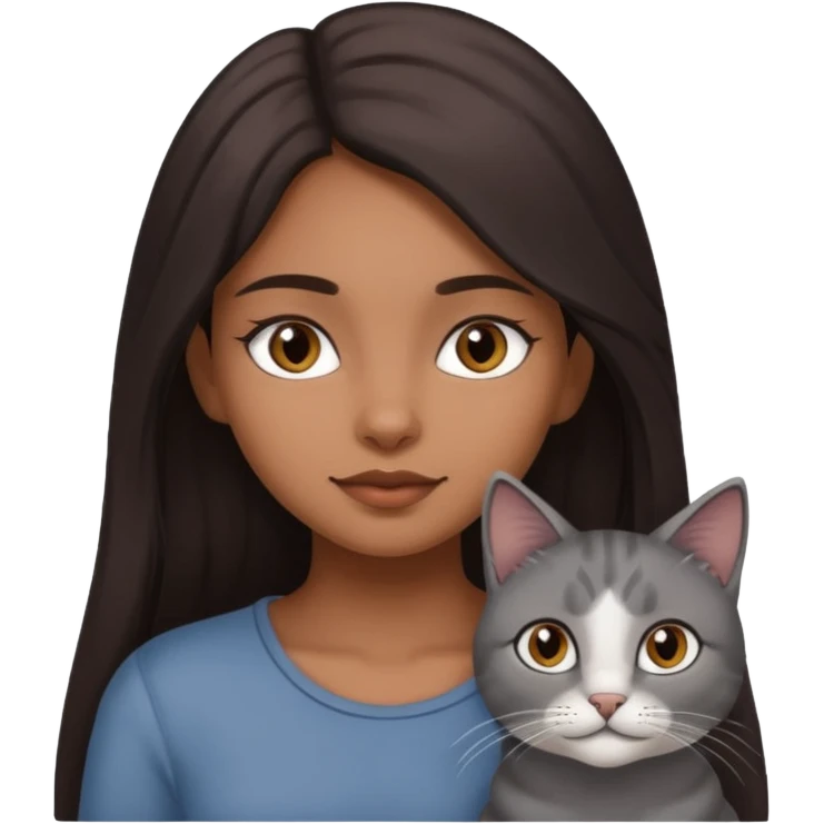 Brown girl with long dark hair with a grey cat emoji