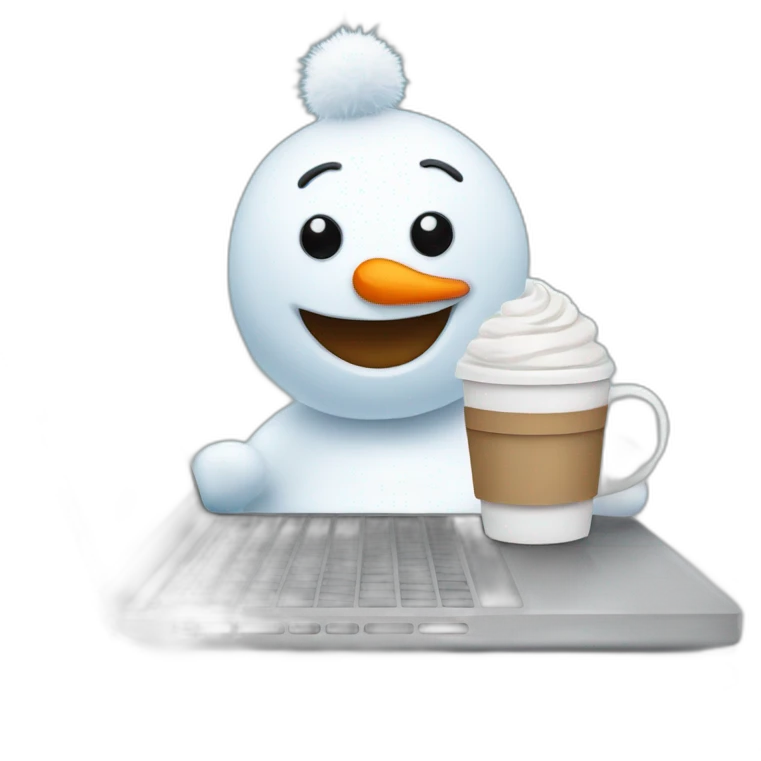 cute little snowman behind a laptop holding a coffee mug emoji