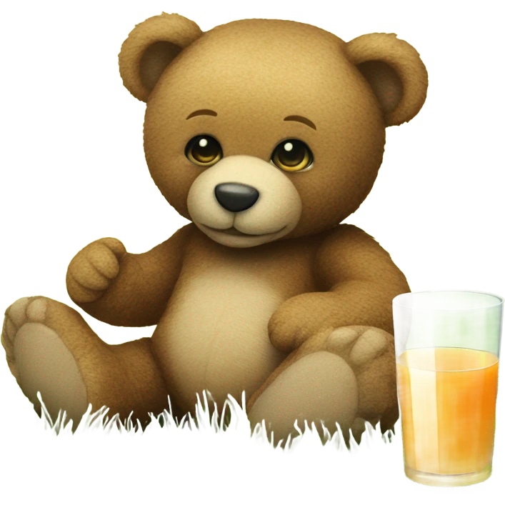 A Teddy bear holding a glass of juice sitting on a patch of grass emoji