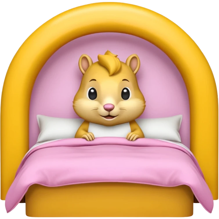 The features a bed themed as a large, cheerful, yellow squirrel. The squirrel's head forms an archway over the bed, with large black eyes, a small pink nose, and prominent white cheeks. The bed frame and arch are bright yellow with integrated yellow LED lighting running along the curves.  emoji