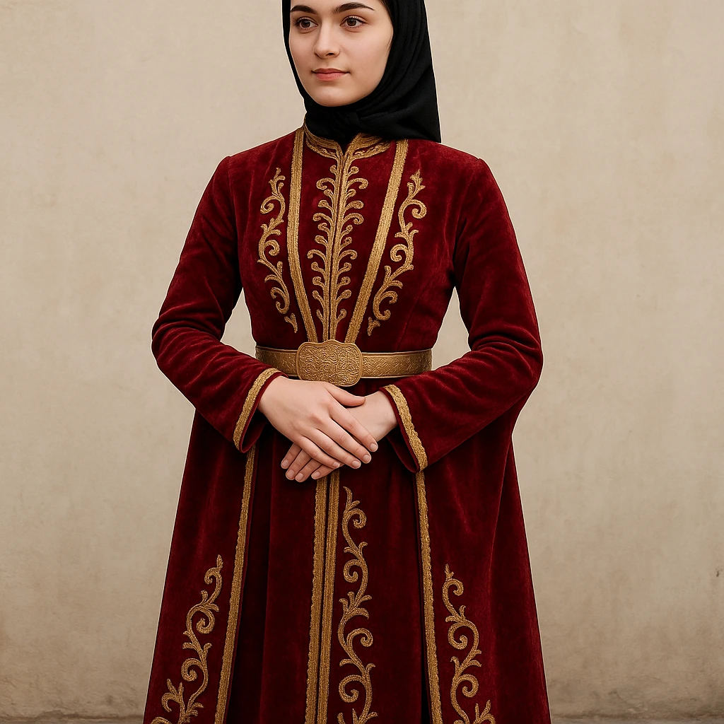 20-year-old Chechen girl with short brown hair, wearing a traditional Chechen outfit, full body, expressive and respectful emoji