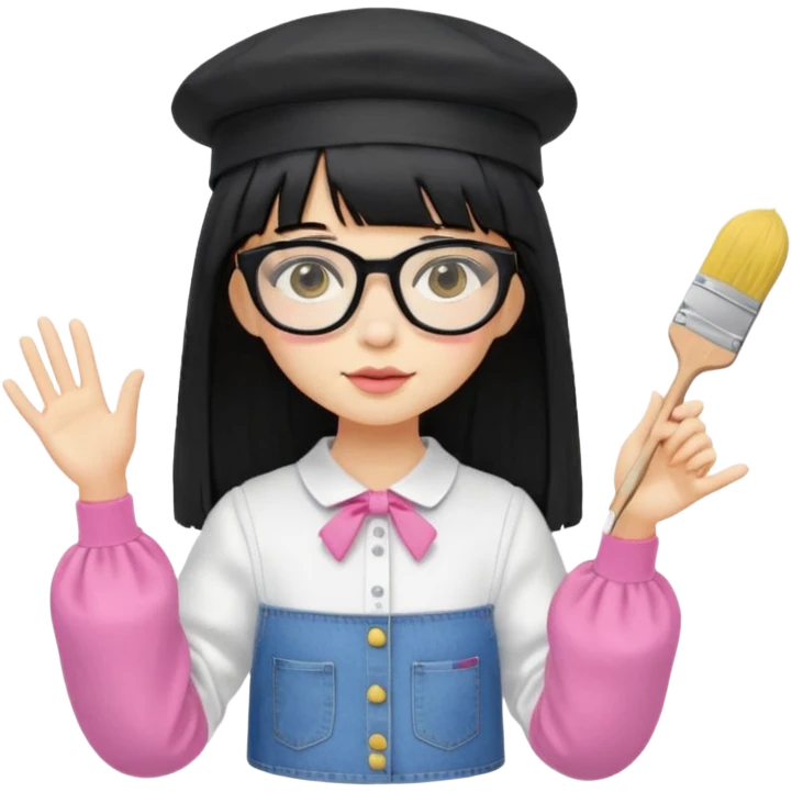 A yellow-skinned girl with long straight black hair, flat bangs, black frame glasses, a white puffy sleeve doll shirt, blue jeans and pink shoes, and a black painter's hat，no yellow spikes. emoji