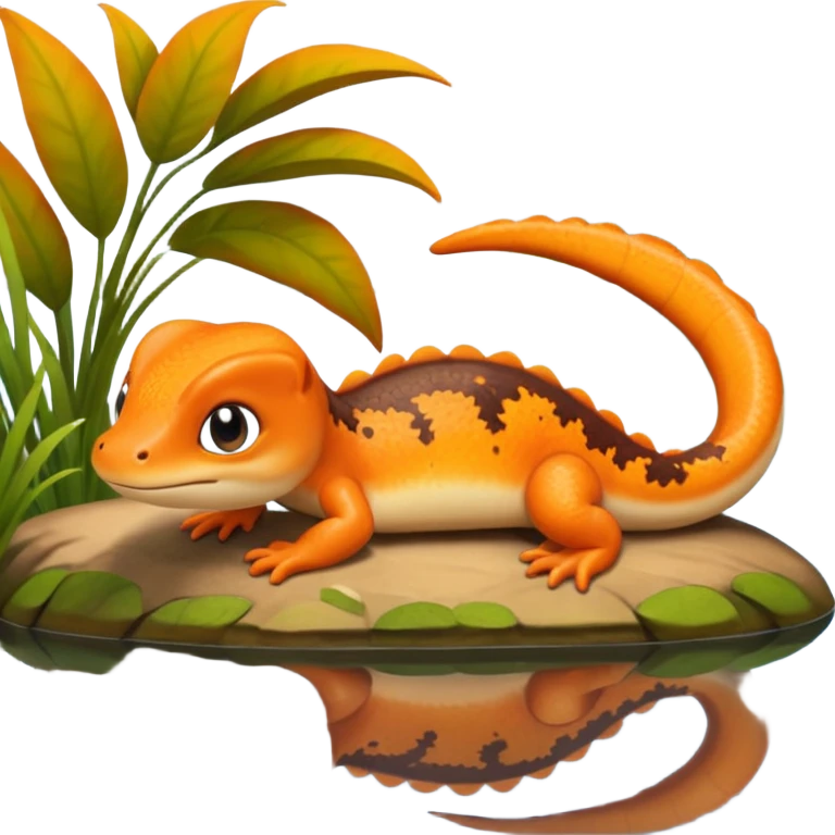 A 3D cartoon newt resting near a pond, orange and brown colors, visible tail, friendly expression, soft reflections and lighting, Memoji-style character. emoji