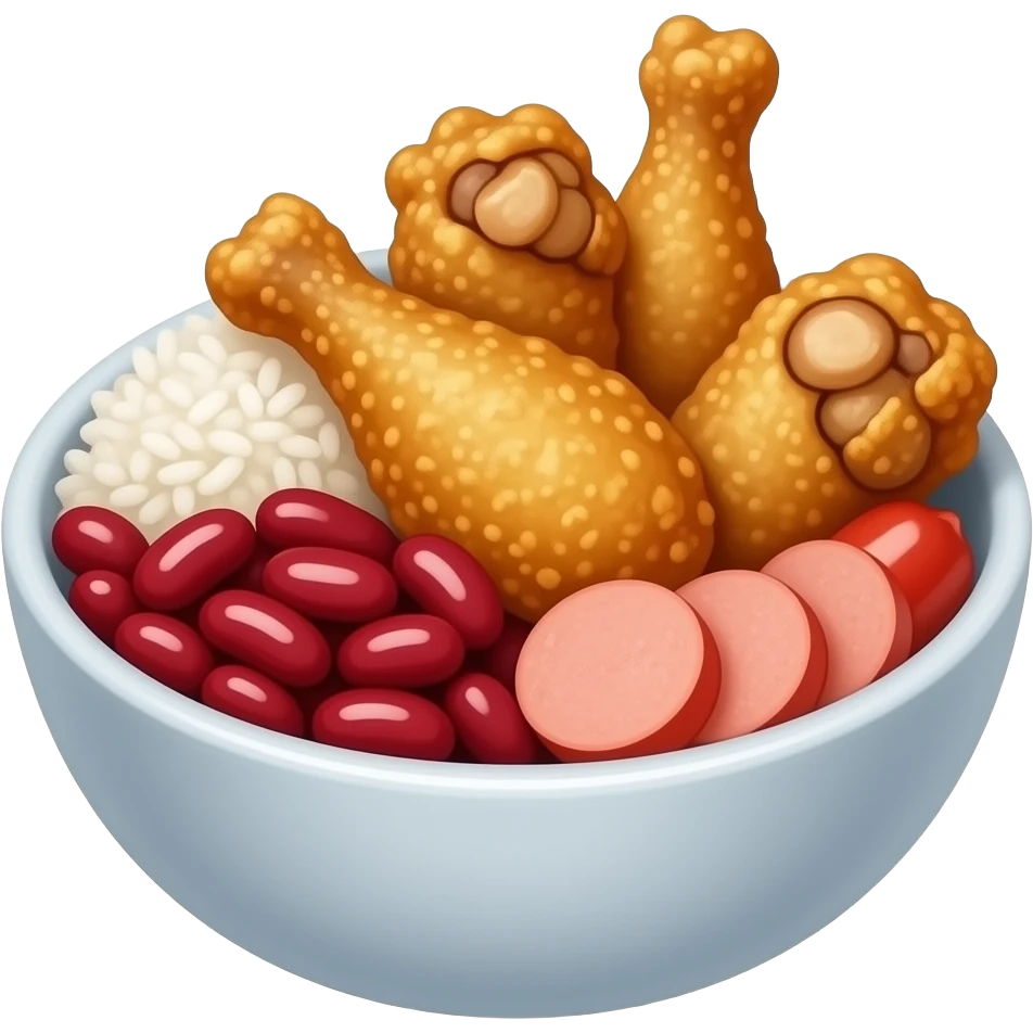iOS style Bowl of Fried chicken wings, a scoop of white rice, and red beans with sliced sausages emoji
