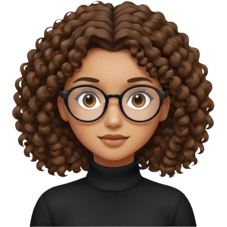 un chica con pelo rizado tiene hecha una coleta y con dos rizos sueltos en la parte de alante que le llega hasta el cuello. luego pil un poco morena ojos marrones y tiene gafas negras y son exagonales pero un poco redondeadas. emoji