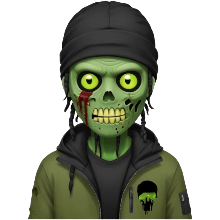 a zombie emoji with black dreads and a black nike jacket and black nike ski mask on his head emoji