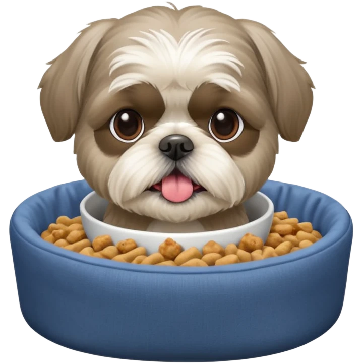 old ALL grey shih tzu in dog bed with bowl of food tongue hanging out emoji