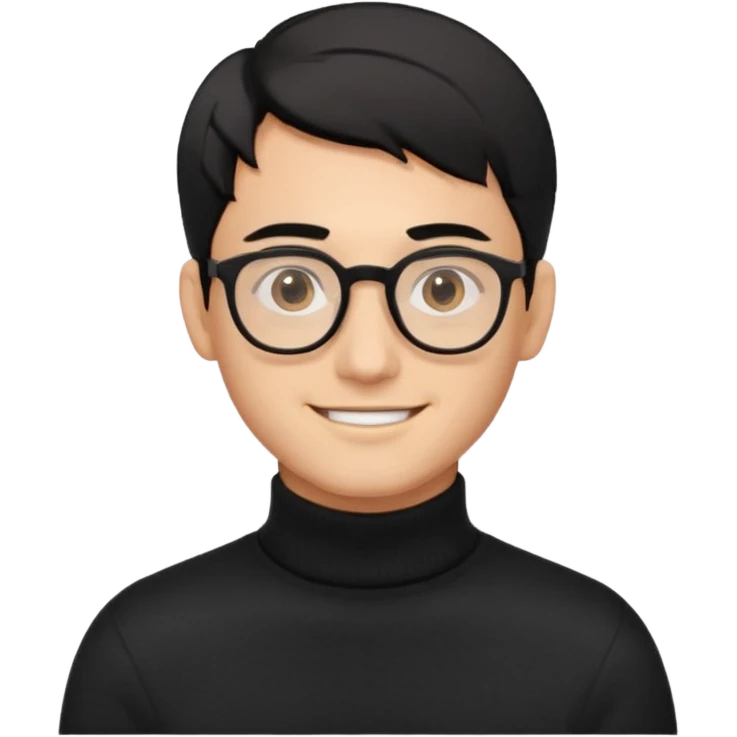 Создай эмодзи, мужчина, 26 лет, стрижка side-part, чёрные волосы, карие глаза, чёрный свитер-гольф, смуглый цвет кожи, очки, улыбается emoji
