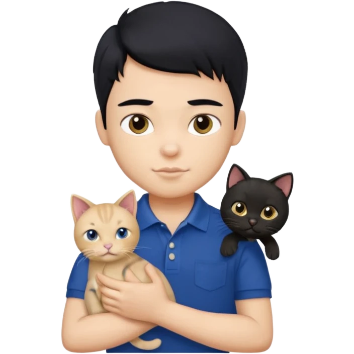 generate a pretty fair bratz boy with a messy mullet (black hair), wearing a dark blue polo.  holding a beige cat emoji