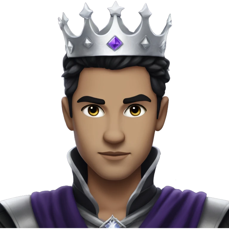 Rhysand has medium toned skin black hair and purple eyes. He is king of the night court and wears a silver crown on top of his head  emoji