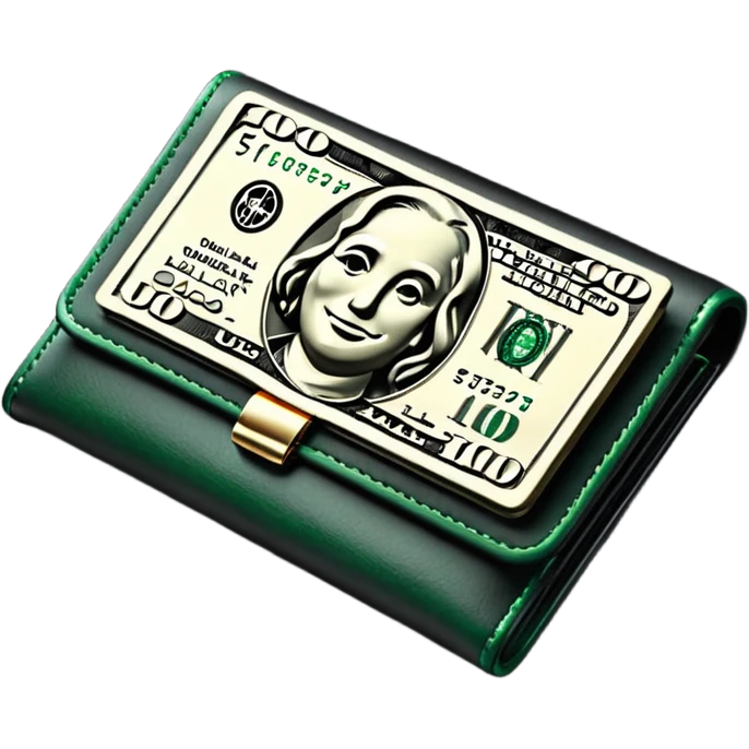 Rich emoji style black leather wallet with dollar bills, luxury money vibe, premium 3D emoji, ultra clean, high detail, no background emoji