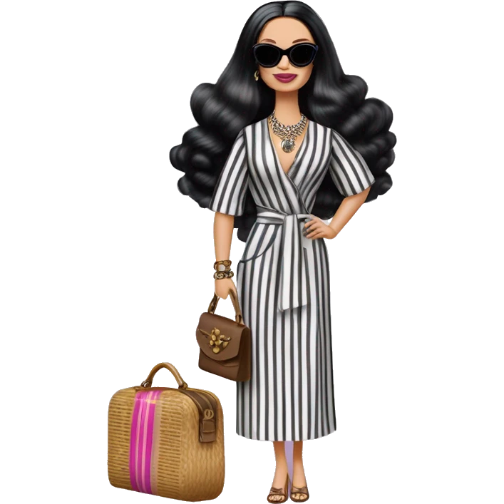 Palm Beach Breeze Barbie Wednesday Addams ,white skin, full body visible, wavy hair,handbag, earrings,vertical-striped caftan,small 2 piece, sunglasses,heels,holding yorkie Miss Thang emoji