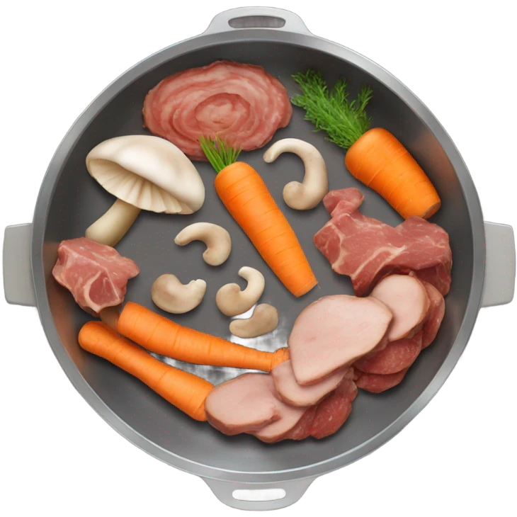 mushroom, carrots meat pieces   in pan in air emoji