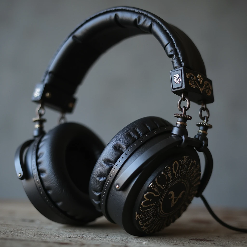 realistic black gothic headphones with heart-shaped ear cups, metallic chains, and gothic engravings, photorealistic style emoji